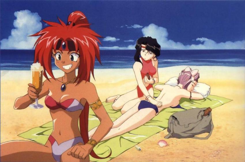 1990s_(style) 3girls afura_mann alcohol beach bikini day el_hazard headband jewelry jpeg_artifacts lotion miz_mishtal multiple_girls nakazawa_kazuto ponytail red_hair retro_artstyle shayla-shayla sunscreen swimsuit tan untied_bikini