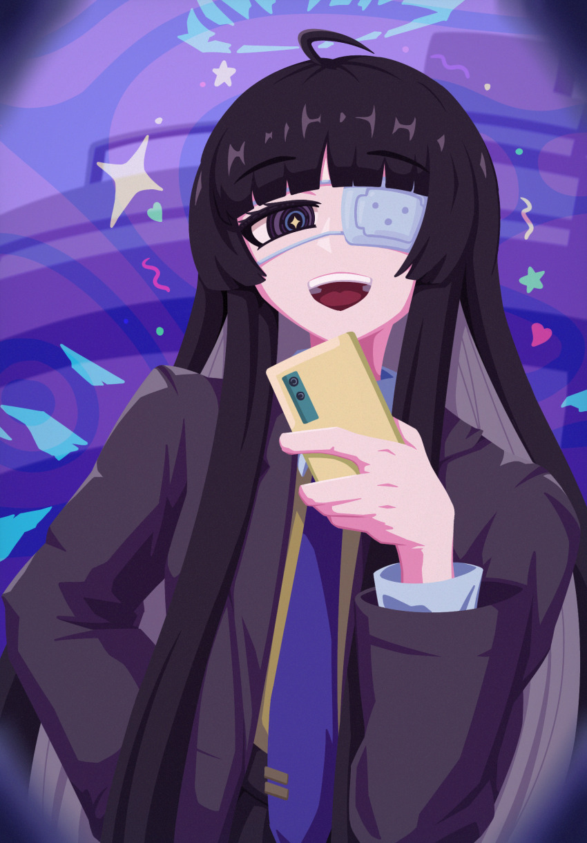 +_+ 1girl :d aqua_halo arknights black_eyes black_hair black_jacket blunt_bangs cellphone commentary english_commentary eyepatch gribberoni halo heart highres holding holding_phone jacket long_hair long_sleeves medical_eyepatch monitoring_(vocaloid) necktie one_eye_covered open_mouth parody phone purple_necktie sidelocks smartphone smile solo sparkle star_(symbol) teeth tie_clip upper_body upper_teeth_only virtuosa_(arknights)