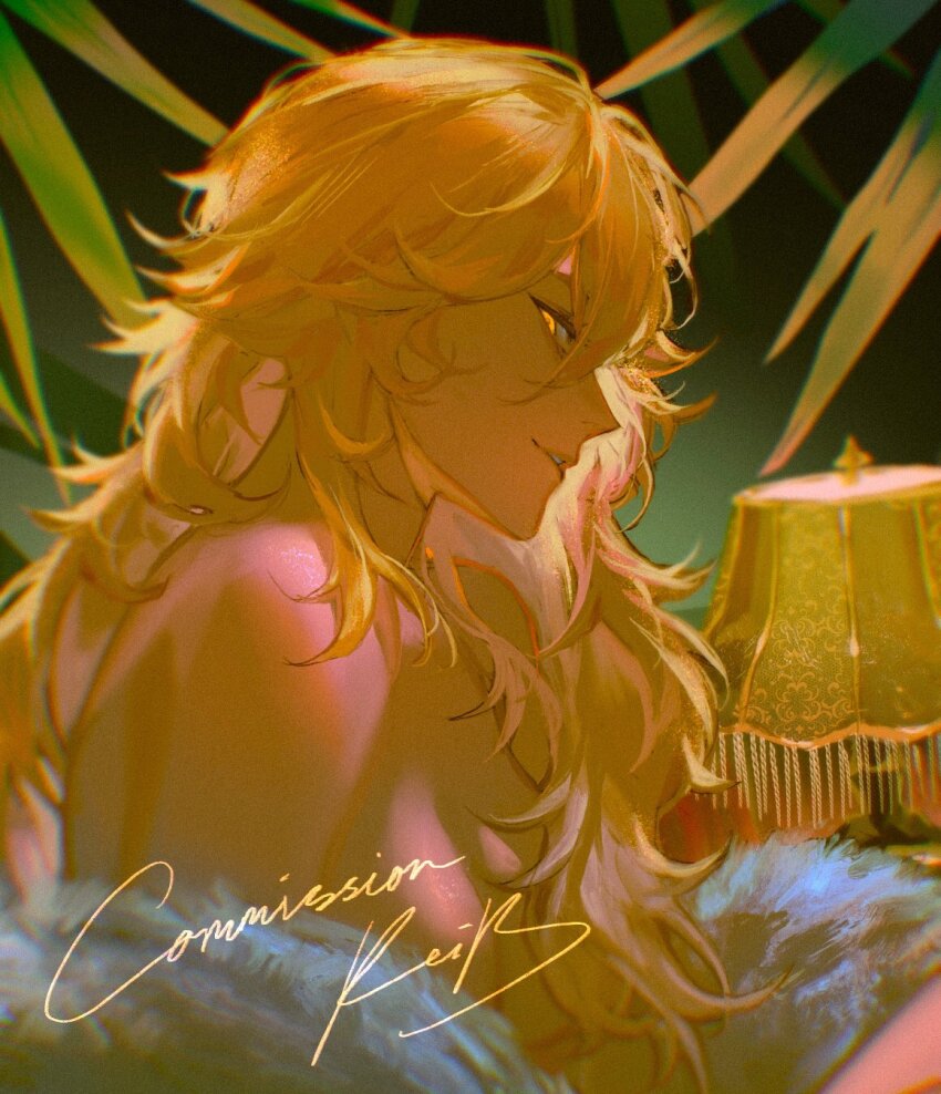 1girl blonde_hair breasts clarice_di_lampedusa_(mutageniccrow) commentary commission convenient_censoring desk_lamp from_side hair_between_eyes hair_censor highres keibleh lamp long_hair looking_at_viewer medium_breasts nude original parted_lips solo symbol-only_commentary yellow_eyes