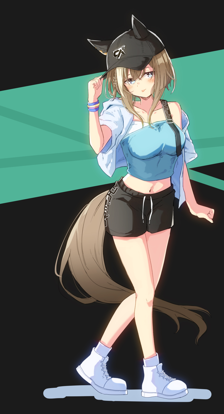 1girl :p absurdres adjusting_clothes adjusting_headwear arm_at_side baseball_cap black_hat black_tube_top blue_eyes blue_shorts blush breasts bright_pupils brown_hair cheval_grand_(boc&#039;z_we\n)_(umamusume) cheval_grand_(umamusume) full_body hat highres hood hooded_jacket horse_girl horse_tail jacket kichi_tik looking_at_viewer medium_breasts multicolored_hair multiple_wristbands navel off_shoulder official_alternate_costume shoes short-sleeved_jacket short_sleeves shorts single_bare_shoulder sneakers socks solo strapless streaked_hair tail tongue tongue_out tube_top umamusume walking white_hair white_jacket white_pupils white_shoes white_socks