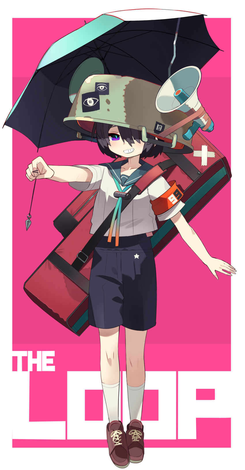 1girl absurdres ankle_socks aqua_pupils armband bag blue_sailor_collar blue_shorts blush bolo_tie brown_footwear collarbone commentary_request copyright_name cross-laced_footwear duct_tape grin hair_over_one_eye highres holding holding_string kometsubu looking_at_viewer megaphone one_eye_covered orange_armband original pink_background pot_on_head purple_eyes sailor_collar shirt short_hair short_sleeves shorts shoulder_bag smile socks solo string tales_from_the_loop_(trpg) white_shirt white_socks