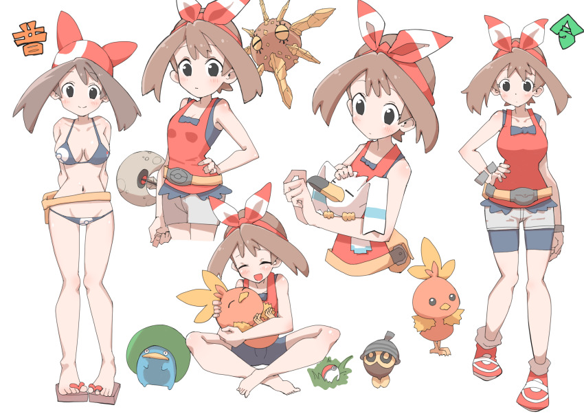 1girl bandana barefoot bike_shorts bikini bow breasts brown_hair cleavage commentary_request gen_3_pokemon hair_bow highres indian_style looking_at_viewer lotad lowleg lowleg_bikini lunatone may_(pokemon) multiple_views nintendo pokemon pokemon_(creature) pokemon_oras pokemon_rse short_shorts shorts sitting sleeveless solrock standing swimsuit toes torchic wingull yakiniku-joan.