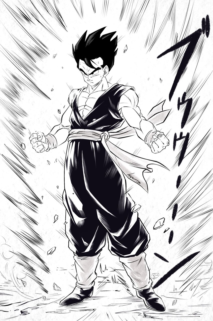 1boy aura black_hair dragon_ball highres muscular muscular_male serious solo son_gohan sweat sweatdrop toriyama_akira_(style)
