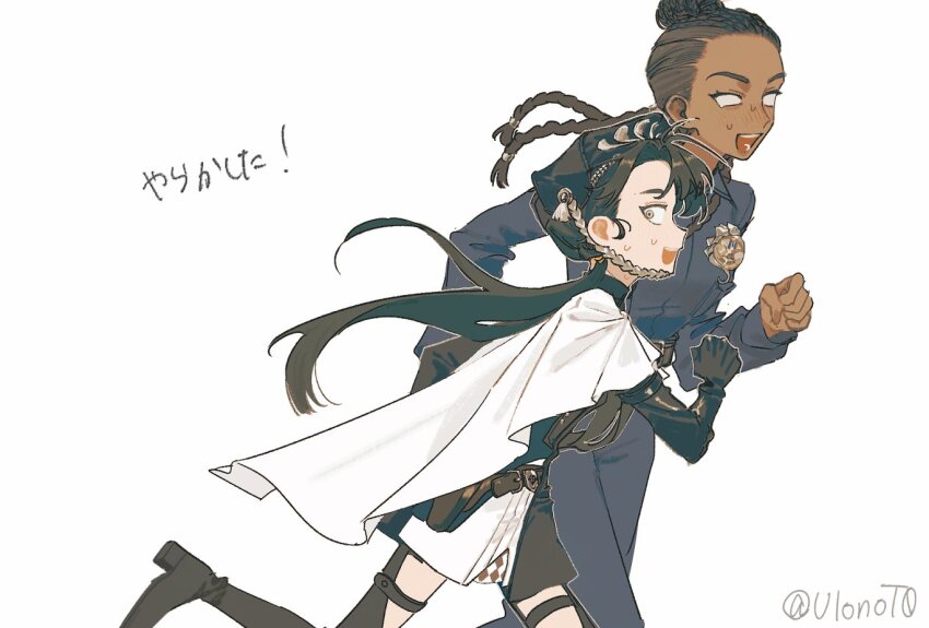 2girls badge beret black_boots black_gloves black_hair black_hat black_skirt blank_eyes blue_pants blue_shirt boots cape chin_strap cornrows cowboy_shot dark-skinned_female dark_skin from_side gloves hair_bun hat liang_yue_(reverse:1999) long_hair looking_back low_ponytail multiple_girls oji-sama_(ochi4t) open_mouth pants poitier_(reverse:1999) police police_uniform policewoman ponytail profile reverse:1999 running shirt skirt sweat thigh_boots twitter_username white_background white_cape yellow_eyes