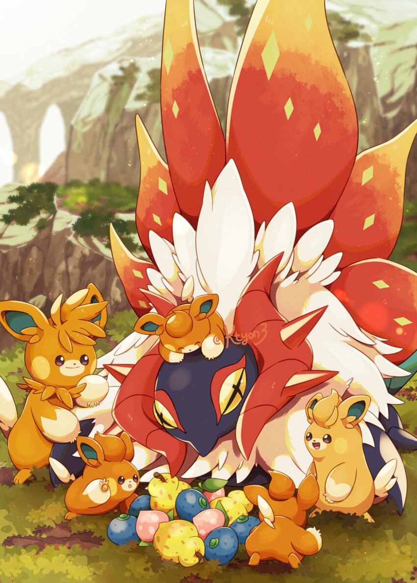 berry_(pokemon) bright_pupils brown_eyes bug evolutionary_line highres iron_moth kechon-san mountain nintendo no_humans oran_berry outdoors pawmi pawmo pawmot pecha_berry pokemon pokemon_(creature) sitrus_berry smile spikes white_pupils wings yellow_eyes