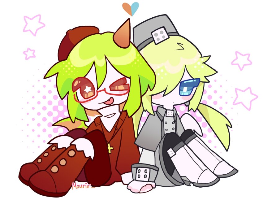 &gt;_o 2girls beret black_thighhighs blonde_hair blue_eyes blush_stickers boots bright_pupils buttons capelet chibi chibi_only closed_mouth colored_skin commentary cross cross_necklace english_commentary froze_(funamusea) funamusea green_hair grey_capelet grey_hat grey_jacket haiiro_teien hair_over_one_eye hat heart highres holding_hands horns jacket jewelry low_twintails multiple_girls necklace one_eye_closed red_eyes red_footwear red_hat red_sweater red_thighhighs shirt simple_background single_horn star-shaped_pupils star_(symbol) surovuii sweater symbol-shaped_pupils thighhighs tongue tongue_out turtleneck turtleneck_shirt twintails watermark white_background white_footwear white_pupils white_shirt white_skin yosafire_(funamusea)