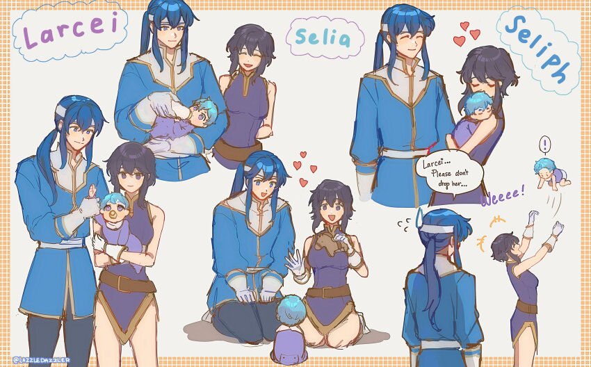absurdres baby baby_bottle belt bib black_hair blue_hair border bottle carrying_baby carrying_person closed_eyes collage commission commissioner_upload english_text family father_and_daughter feeding fire_emblem fire_emblem:_genealogy_of_the_holy_war gloves headband heart highres hug if_they_mated kneeling larcei_(fire_emblem) mother_and_daughter nintendo onesie pacifier pomme_(lazzledazzle) ponytail purple_tunic selia seliph_(fire_emblem) sidelocks sitting sleeping smile standing throwing toy tunic white_background white_headband