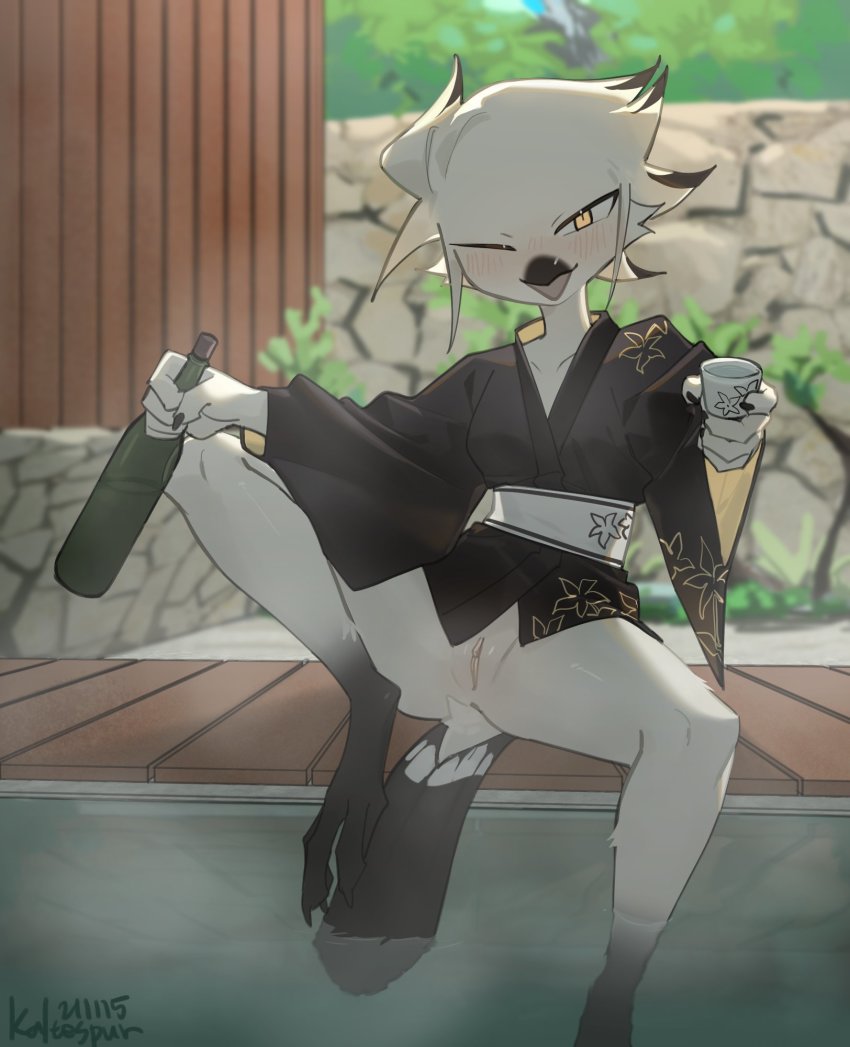 1girl alcohol animal_feet beak bird_girl bird_legs bird_tail black_kimono blush bottle bottomless choko_(cup) claws clitoral_hood colored_tips cup dated drunk feet furry furry_female highres holding holding_bottle japanese_clothes kaltespur kimono leg_up looking_at_viewer multicolored_hair one_eye_closed onsen open_mouth original partially_submerged pussy royluna sake sake_bottle sash signature sitting soaking_feet solo spread_legs steam tagme tail talons tsurime uncensored water white_hair yellow_eyes yukata