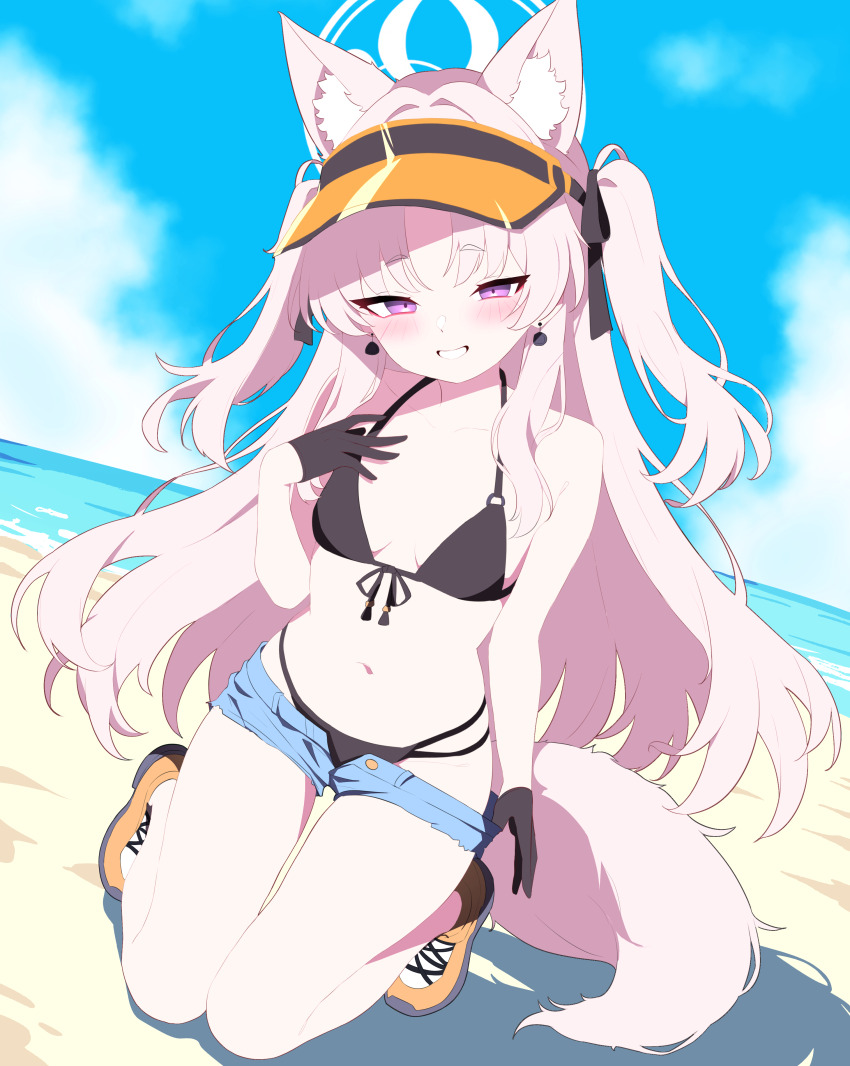 1girl absurdres ahoge alternate_costume animal_ear_fluff animal_ears austsue bare_shoulders beach belly bikini black_bikini black_gloves black_ribbon blue_archive blush commission denim denim_shorts fox_ears fox_girl gloves grin hair_ribbon hand_on_own_chest hat highres kuzunoha_(blue_archive) long_hair looking_at_viewer navel ocean parted_bangs pixiv_commission purple_eyes ribbon shoes shorts sidelocks smile solo swimsuit two_side_up visor_cap white_hair yellow_hat yellow_shoes