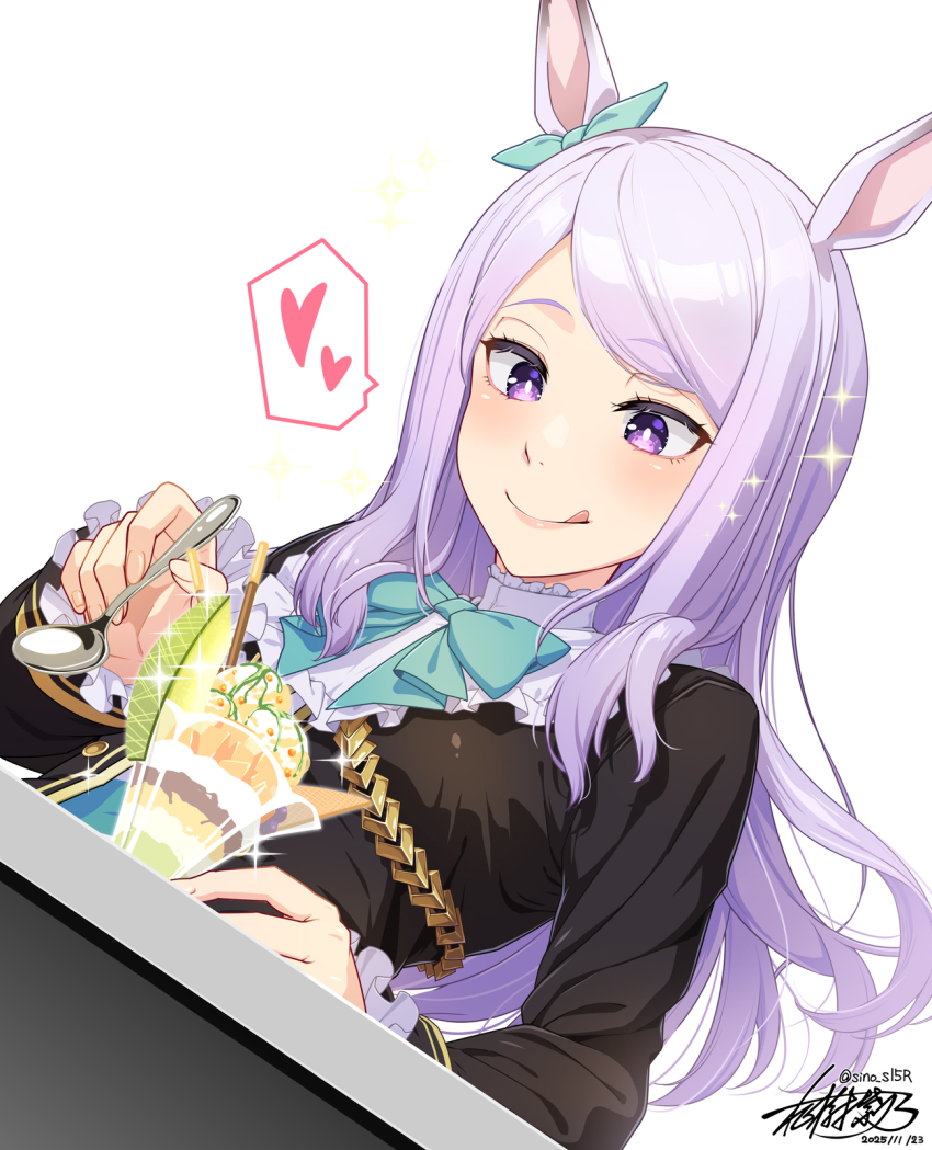 1girl :q animal_ears commentary_request food heart highres holding holding_spoon horse_ears horse_girl long_hair masaki_shino mejiro_mcqueen_(frontline_elegance)_(umamusume) mejiro_mcqueen_(umamusume) parfait purple_eyes purple_hair simple_background solo spoken_heart spoon tongue tongue_out umamusume white_background
