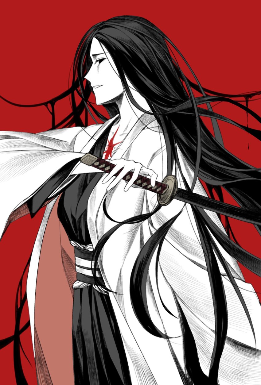 1girl black_hair black_kimono bleach bleach:_sennen_kessen-hen breasts collarbone colored_skin cowboy_shot floating_hair from_side hand_up haori hashtag-only_commentary highres holding holding_sword holding_weapon japanese_clothes kimono limited_palette long_hair long_sleeves looking_at_viewer minazuki_(bankai) obi obiage parted_lips profile red_background sash scar scar_on_chest shihakusho sideways_glance solo sword taichou_haori two-sided_fabric unohana_retsu very_long_hair weapon white_skin wide_sleeves wtrfuu