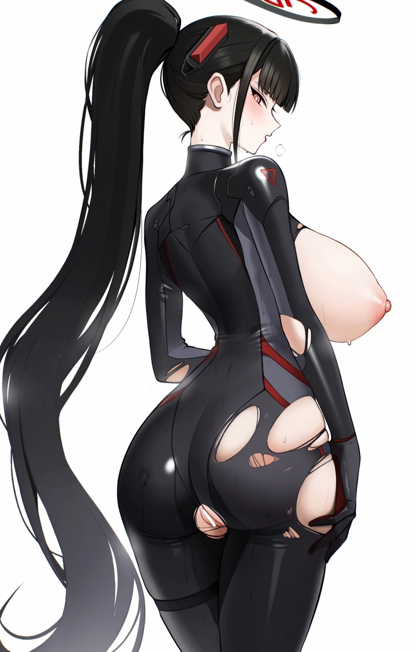 1girl absurdres ass ateoyh bar_censor black_hair black_halo blue_archive blush bodysuit breasts breasts_out bright_pupils censored commentary_request cowboy_shot crotch_cutout curvy from_behind halo highres huge_breasts long_hair looking_at_viewer nipples official_alternate_costume official_alternate_hairstyle ponytail pussy red_eyes rio_(blue_archive) rio_(bodysuit)_(blue_archive) sideways_glance simple_background skindentation solo sweat thigh_strap torn_bodysuit torn_clothes turtleneck turtleneck_bodysuit very_long_hair white_background white_pupils