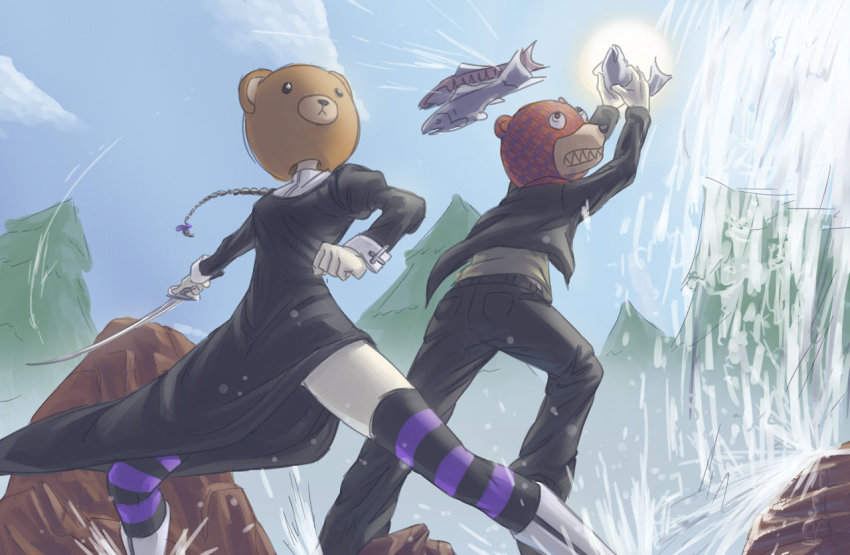 00s 1boy 1girl bear_head black_hair braid cross crossover fish forest formal_clothes habit jiffic katana long_hair nature nun purple_thighhighs salmon_(fish) shinatsuhiko_yae side_slit single_braid soul_eater suit sword tezca_tlipoca thighhighs water waterfall weapon what wrist_cuffs yozakura_quartet