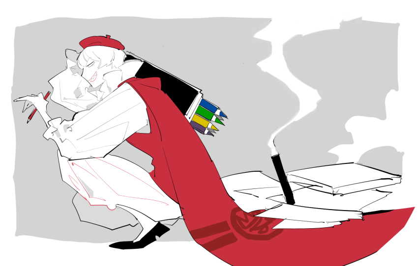 1boy apios arm_up bad_id bad_pixiv_id beret black_shoes bob_cut border cape colored_pencils_(paper_mario) colored_skin constricted_pupils frilled_shirt frilled_shirt_collar frilled_sleeves frills from_side full_body grey_background grin half-closed_eyes hand_up happy hat high_collar highres holding holding_pencil long_sleeves male_focus mario_(series) nintendo outside_border pants paper paper_mario paper_mario:_the_origami_king pencil personification puffy_long_sleeves puffy_pants puffy_sleeves red_cape red_eyes red_hat red_vest sharp_teeth shirt shoes short_hair sidelocks simple_background sketch smile smoke solo squatting teeth vest white_border white_hair white_pants white_shirt white_skin