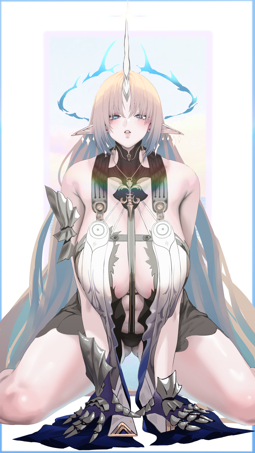 1girl absurdres arenbee bare_shoulders black_collar black_dress blonde_hair blue_eyes breasts clawed_gauntlets collar crown_of_thorns curvy dress fleurdelys_(wuthering_waves) floating_crown gluteal_fold highres horns huge_breasts long_hair looking_at_viewer parted_lips pointy_ears single_horn sitting solo tabard tacet_mark_(wuthering_waves) thighs very_long_hair wariza white_tabard wuthering_waves yellow_horns
