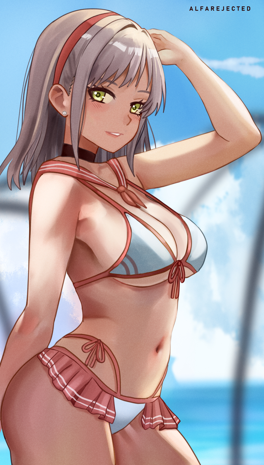 1girl absurdres alfarejected artist_name beach bikini bikini_skirt black_choker breasts choker cleavage earrings front-tie_bikini_top front-tie_top goddess_of_victory:_nikke green_eyes grin highres jewelry large_breasts long_hair looking_at_viewer neon_(blue_ocean)_(nikke) neon_(nikke) official_alternate_costume outdoors pink_sailor_collar sailor_collar side-tie_bikini_bottom smile solo swimsuit water white_bikini white_hair