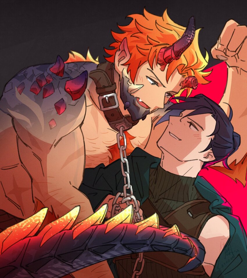 2boys alternate_universe arm_hair arm_support arm_up belt_collar black_background black_skin blue_hair blush broken_horn brown_collar chain chest_hair collar colored_skin dark_blue_hair dragon_boy dragon_horns dragon_tail eye_contact fanfiction_available fang felix_hugo_fraldarius fire_emblem fire_emblem:_three_houses green_shirt hair_between_eyes hair_bun highres holding holding_chain horns layered_clothes looking_at_another male_focus multicolored_skin multiple_boys nintendo open_mouth orange_hair pointy_ears satodee shirt simple_background single_hair_bun smile spines sylvain_jose_gautier tail teeth topless_male turtleneck upper_body vest