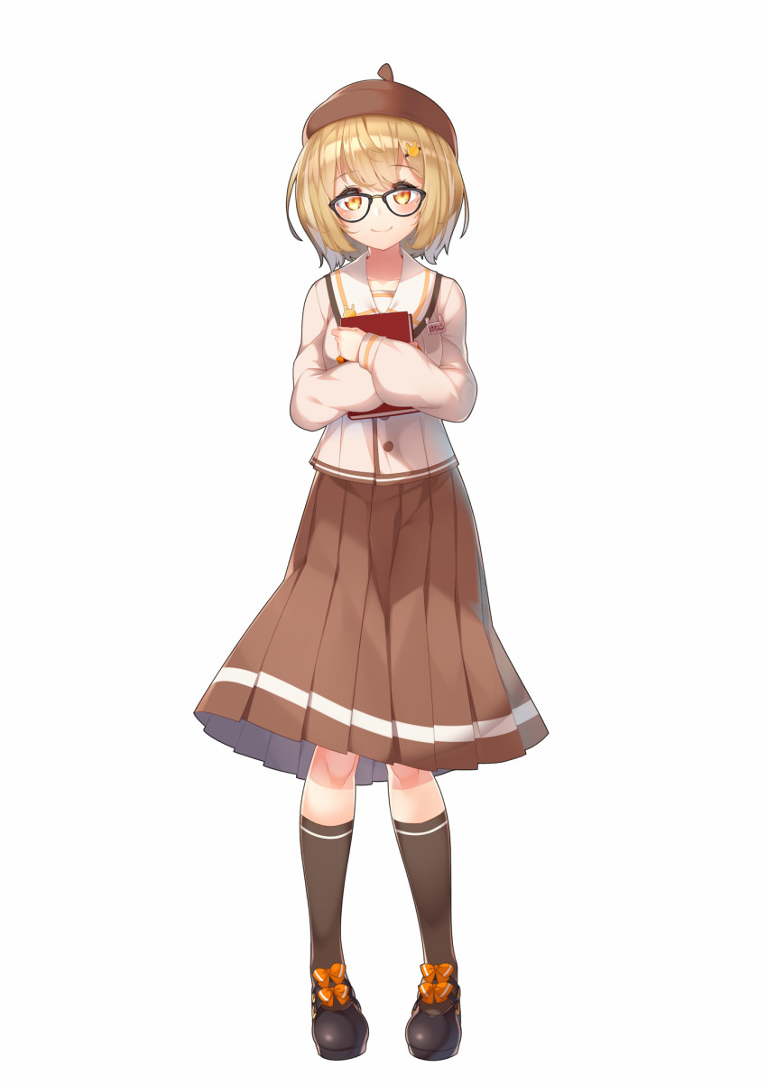 1girl animare beret black-framed_eyewear black_shoes blush book bow brown_hat brown_skirt brown_socks closed_mouth female_focus full_body glasses hair_ornament hairclip hat highres hugging_object inaba_haneru_(animare) kneehighs kokka_han light_brown_hair long_sleeves looking_at_viewer nanashi_inc. orange_bow pleated_skirt puffy_long_sleeves puffy_sleeves rabbit_hair_ornament red_eyes sailor_collar school_uniform serafuku shirt shoes simple_background skirt sleeves_past_wrists smile socks solo standing virtual_youtuber white_background white_sailor_collar white_shirt