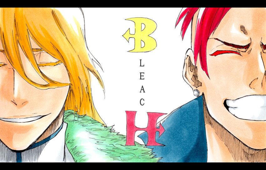 2boys ^_^ bazz-b bleach bleach:_sennen_kessen-hen blonde_hair close-up closed_eyes colored_eyelashes commentary_request copyright_name eyebrows_hidden_by_hair facing_viewer grin hair_between_eyes highres jugram_haschwalth ken&#039;ichi_(ken1ro_u) long_hair multiple_boys nose parted_lips red_hair short_hair smile v-shaped_eyebrows