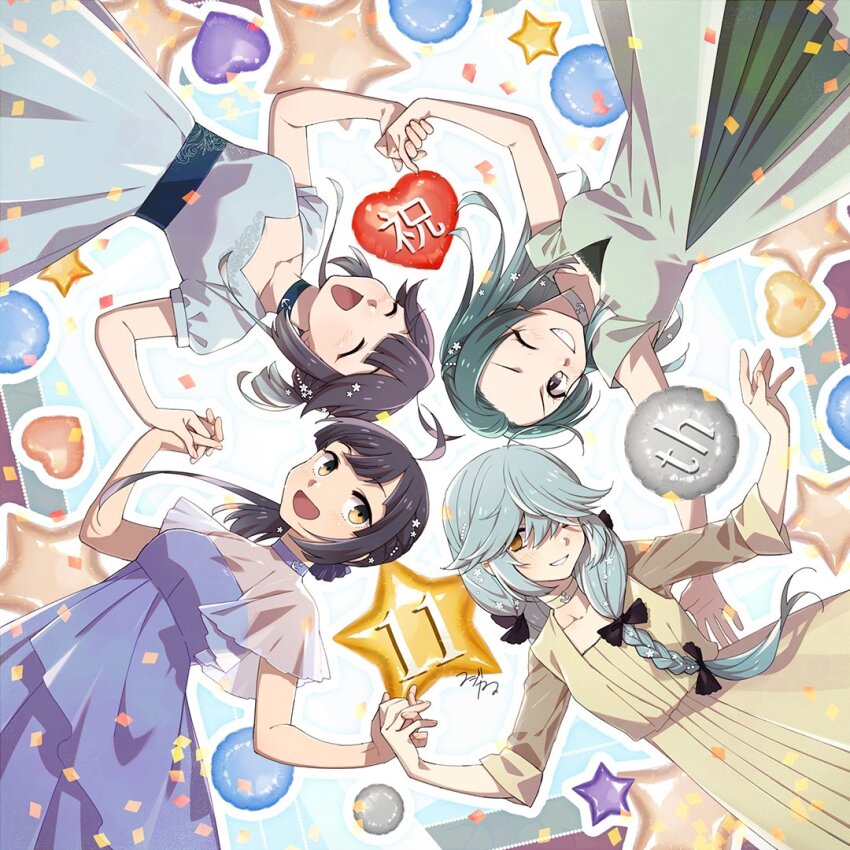 4girls ahoge anniversary black_hair braid brown_eyes closed_eyes dress forehead fujikawa fujinami_(kancolle) gradient_hair green_hair grey_hair hair_over_eyes hair_ribbon hamanami_(kancolle) hayanami_(kancolle) kantai_collection long_hair long_sleeves medium_hair multicolored_hair multiple_girls official_alternate_costume official_art open_mouth purple_hair ribbon short_hair side_ponytail single_braid smile suzunami_(kancolle) white_ribbon yellow_eyes