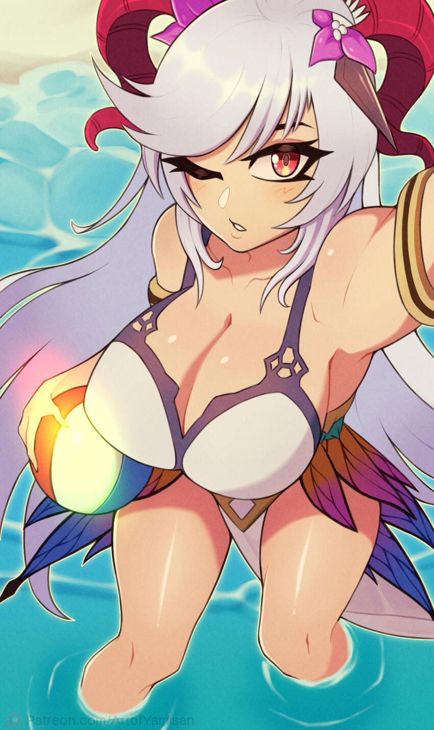 1girl ball bare_shoulders beach beachball breasts commentary english_commentary fire_emblem fire_emblem_heroes freyja_(fire_emblem) freyja_(summer)_(fire_emblem) goat_horns grey_hair highres holding holding_ball holding_beachball horns large_breasts long_hair looking_at_viewer nintendo official_alternate_costume one_eye_closed parted_lips red_eyes solo swept_bangs swimsuit very_long_hair wading yamisan
