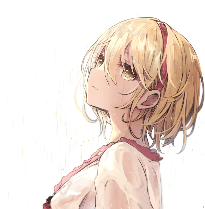 1girl blonde_hair breasts brown_eyes closed_mouth commentary_request djeeta_(granblue_fantasy) expressionless fighter_(granblue_fantasy) from_side granblue_fantasy hair_between_eyes hairband highres looking_at_viewer looking_up medium_breasts mocchi_(user_53239645) pink_hairband portrait short_hair simple_background solo wet wet_clothes wet_hair white_background