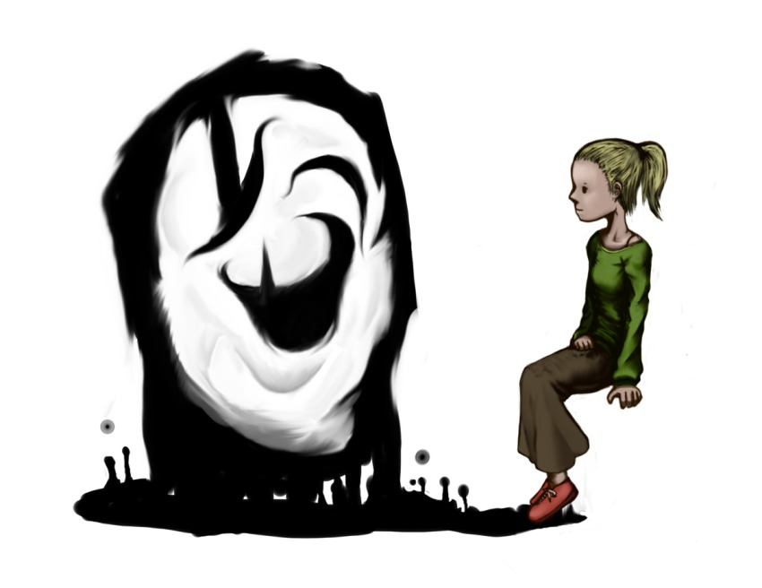 1girl blonde_hair expressionless long_skirt long_sleeves monster mxcy poniko ponytail shoes sitting skirt smile strap uboa white_background yume_nikki