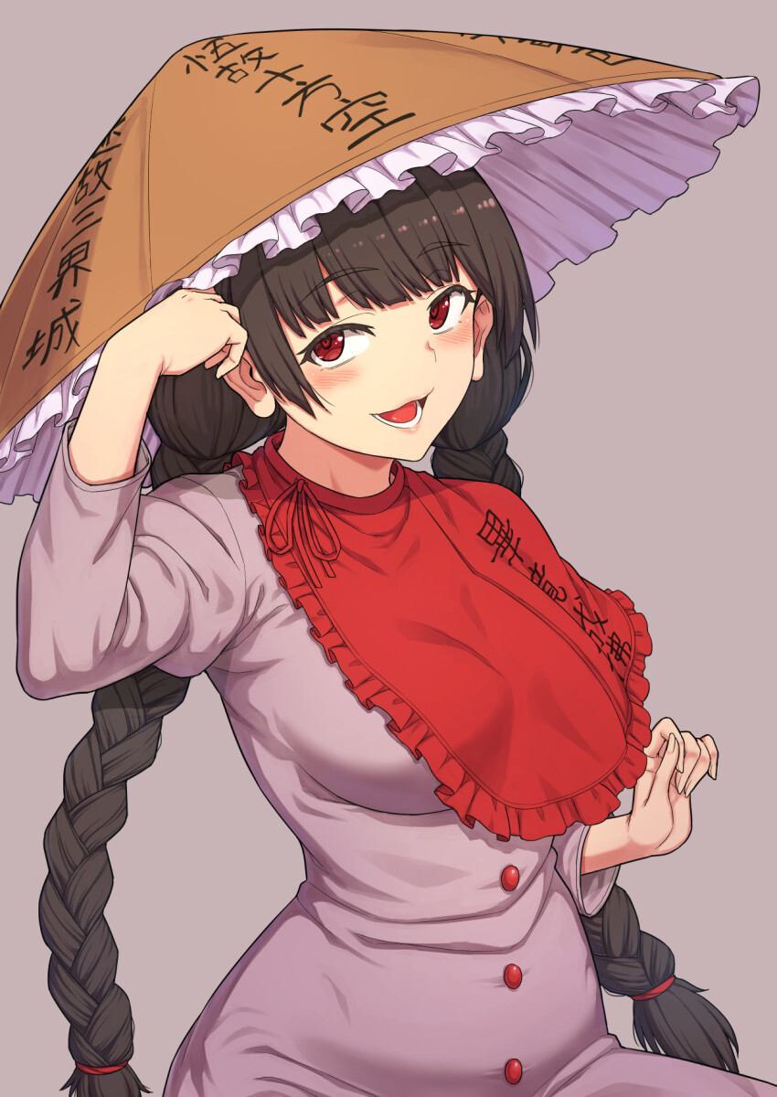 1girl ajirogasa black_hair braid breasts dress frilled_hat frills grey_dress hat highres kakone side_cape smile solo touhou twin_braids yatadera_narumi
