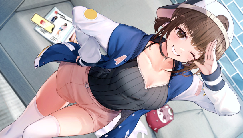 1girl asahi_(vjss4548) baseball_cap breasts brown_eyes brown_hair character_request cleavage copyright_request feet_out_of_frame from_above grin hat highres jacket letterman_jacket looking_at_viewer medium_breasts medium_hair official_art one_eye_closed one_side_up ribbed_shirt shirt short_shorts shorts smile twintails