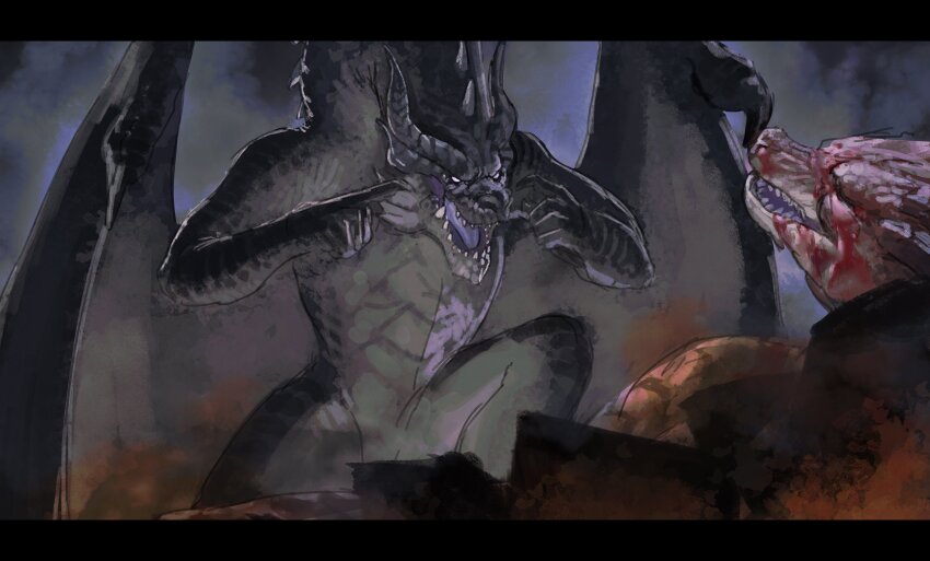 202vincent absurdres animal_focus blood colored_tongue dragon fatalis fins head_fins highres horns letterboxed lying meme monster monster_hunter_(series) no_humans on_back open_mouth purple_tongue rubble safi&#039;jiiva scales think_mark_think!_(meme) wings