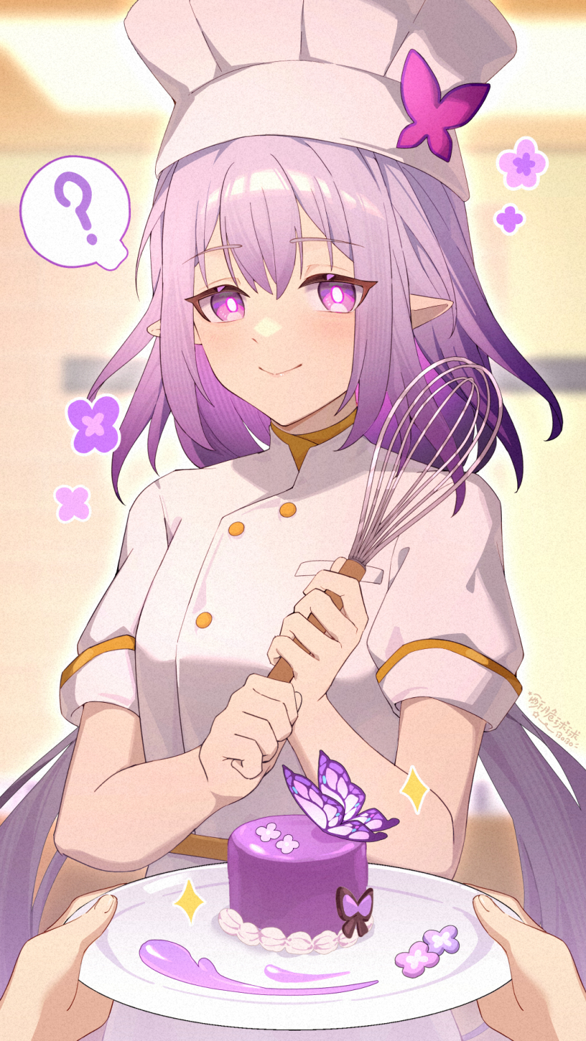 1girl 1other ? breasts buttons cake castorice_(chrysos_chef)_(honkai:_star_rail) castorice_(honkai:_star_rail) chef_hat chinese_commentary closed_mouth commentary_request double-breasted film_grain food hat highres holding holding_plate holding_whisk honkai:_star_rail honkai_(series) indoors jacket long_hair looking_at_viewer medium_breasts official_alternate_costume plate pointy_ears pov pov_hands purple_eyes purple_hair purple_pupils revision sidelocks smile so_zei_tama_tama spoken_question_mark very_long_hair whisk white_jacket