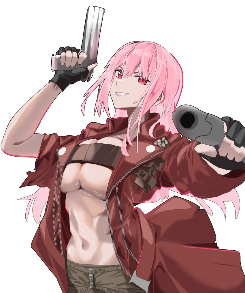 1girl absurdres aiming aiming_at_viewer black_gloves breasts cosplay daaku_(koizumi_arata) dante_(devil_may_cry) dante_(devil_may_cry)_(cosplay) devil_may_cry devil_may_cry_(series) devil_may_cry_3 ebony_&amp;_ivory fingerless_gloves gloves gun highres holding holding_gun holding_weapon hololive hololive_english jacket large_breasts long_hair looking_at_viewer mori_calliope navel pink_hair red_eyes red_jacket virtual_youtuber weapon