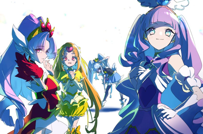 4girls absurdres akagi_towa aqua_eyes artist_request blue_eyes blue_hair blue_skirt bow choker crossover crown crown_hair_ornament cure_majesty cure_muse_(yellow) cure_princess cure_scarlet dress earrings ellee-chan eyelashes go!_princess_precure gold_crown hair_ornament happinesscharge_precure! happy highres hirogaru_sky!_precure in-franchise_crossover jewelry konsuke0 long_hair looking_at_viewer magical_girl multiple_girls one_eye_closed orange_hair pink_eyes pink_hair precure princess purple_dress purple_hair red_eyes shirabe_ako shirayuki_hime simple_background skirt smile standing suite_precure trait_connection twintails v white_background yellow_choker