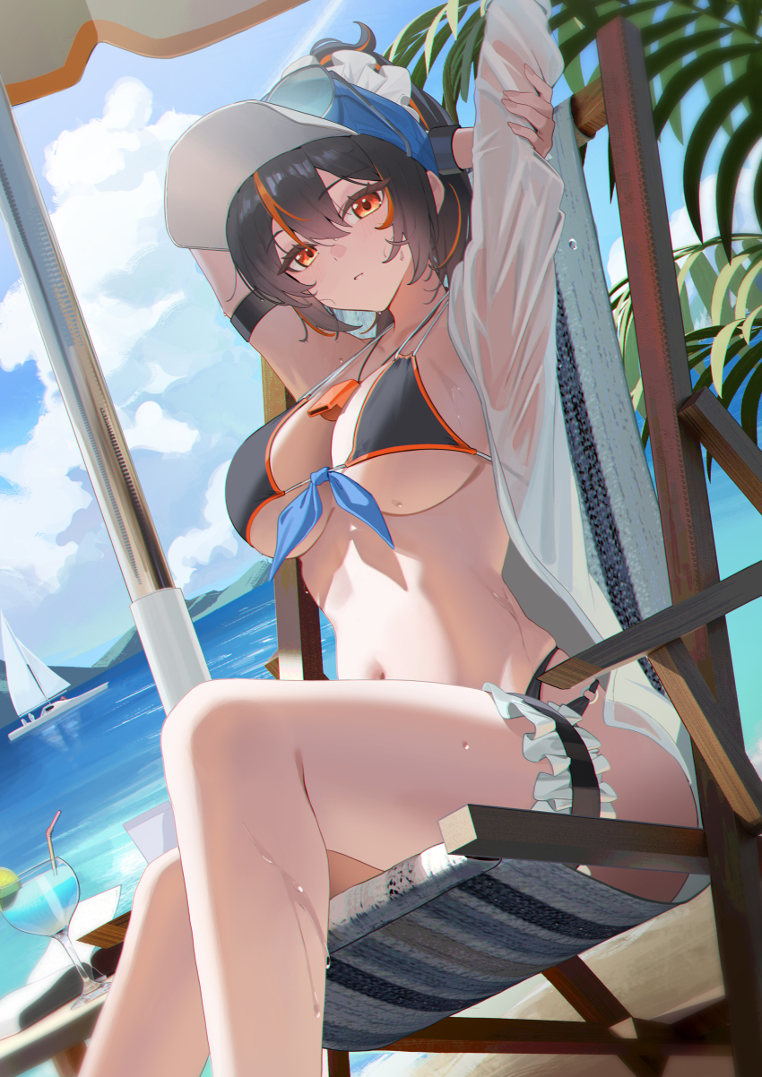 1girl absurdres beach beach_chair bikini black_bikini black_hair blue_jacket blue_sky breasts cleavage commentary_request day edible_sus frilled_thigh_strap highres jacket large_breasts looking_at_viewer medium_hair multicolored_hair navel ocean orange_eyes orange_hair outdoors ponytail sitting sky solo stomach streaked_hair swimsuit thigh_strap two-tone_hair zenless_zone_zero zhu_yuan