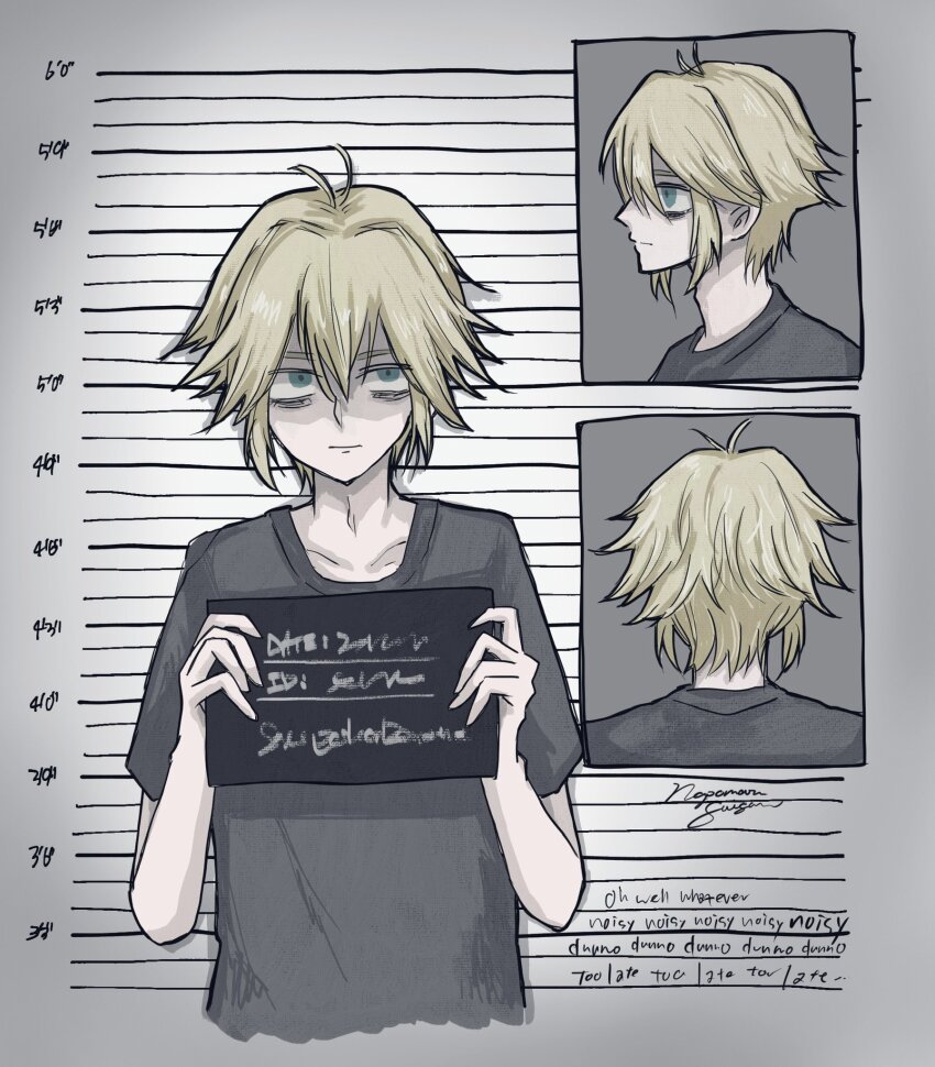 1boy alternate_costume antenna_hair basil_(faraway)_(omori) basil_(omori) black_shirt blonde_hair blue_eyes collarbone highres looking_at_viewer male_focus mugshot napomarusuisan omori shirt short_hair short_sleeves solo