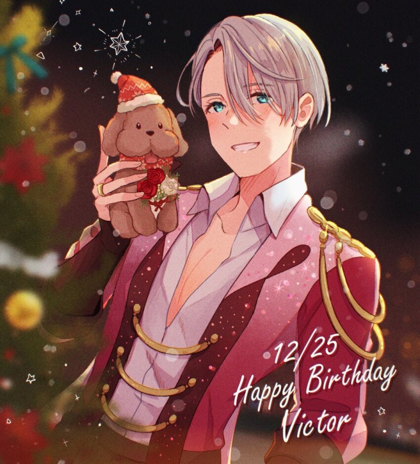 1boy birthday blue_eyes blurry blurry_foreground character_doll christmas christmas_tree collared_shirt doll epaulettes flower grin happy_birthday hat highres jewelry makkachin male_focus open_clothes open_shirt red_flower red_rose ring rose santa_hat shirt smile snowing star_(symbol) twc_(p-towaco) viktor_nikiforov white_flower white_hair white_rose yuri!!!_on_ice
