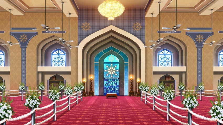 book bookshelf bouquet carpet ceiling_fan ceiling_light chandelier flower garland_(decoration) highres indoors mosque no_humans non-web_source official_art our_life our_life:_beginnings_and_always poppy_(flower) scenery stained_glass stanchion sunlight variant_set wheel_of_dharma white_flower
