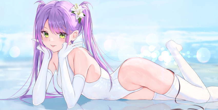 1girl :p absurdres alternate_costume beach blurry blurry_background commentary covered_navel day double_v elbow_gloves flower foot_up full_body gloves green_eyes hair_flower hair_ornament head_rest highres hololive long_hair looking_at_viewer lying multicolored_hair no_shoes ocean one-piece_swimsuit outdoors pink_hair purple_hair red_o7 solo streaked_hair swept_bangs swimsuit symbol-only_commentary thighhighs tokoyami_towa tongue tongue_out twintails v virtual_youtuber white_gloves white_one-piece_swimsuit white_thighhighs