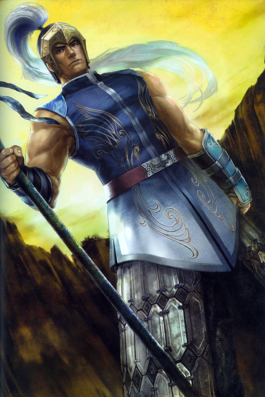 1boy absurdres armor helmet highres male_focus outdoors polearm scan shin_sangoku_musou sky solo weapon xu_huang