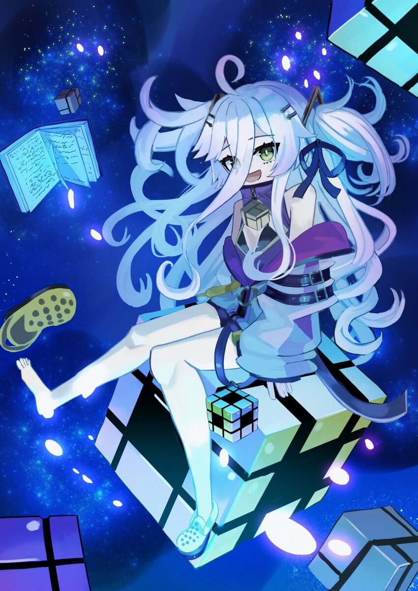 1girl absurdres ahoge black_bra bra breasts cleavage_cutout clothing_cutout commentary crocs cube dress full_body grey_hair haikuyomi_(819) hair_between_eyes hair_ornament hair_ribbon hairclip hashtag-only_commentary henya_the_genius henya_the_genius_(1st_costume) highres jacket long_bangs long_hair looking_at_viewer off_shoulder open_mouth partially_unzipped purple_dress purple_jacket purple_ribbon ribbon sidelocks single_bare_foot sitting sky sleeveless sleeveless_dress small_breasts smile solo space star_(sky) starry_sky two_side_up underwear very_long_hair virtual_youtuber vshojo