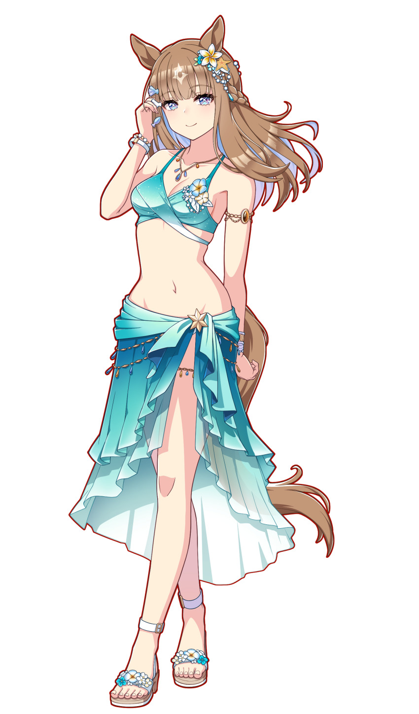 1girl absurdres almond_eye_(umamusume) animal_ears bails blunt_bangs breasts brown_hair commentary cosplay full_body highres horse_ears horse_girl horse_tail long_hair looking_at_viewer purple_eyes sandals sarong silence_suzuka_(emerald_on_the_waves)_(umamusume) silence_suzuka_(umamusume) silence_suzuka_(umamusume)_(cosplay) simple_background smile solo swimsuit tail tracen_swimsuit umamusume white_background