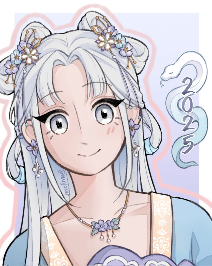 1girl 2025 blue_flower blue_hanfu blunt_bangs border bow-shaped_hair chinese_clothes chinese_zodiac closed_mouth collarbone commentary earrings english_commentary eyelashes flower flower_earrings flower_necklace gradient_background grey_hair hair_flower hair_ornament hair_rings hanfu happy highres infinity_nikki jewelry light_blush long_hair long_sleeves necklace new_year&#039;s_dawn_(infinity_nikki) nikki_(series) nxnjakat official_alternate_color outline outside_border parted_bangs pink_outline purple_background purple_flower single_sidelock smile snake solo straight-on straight_hair twitter_username upper_body white_border year_of_the_snake