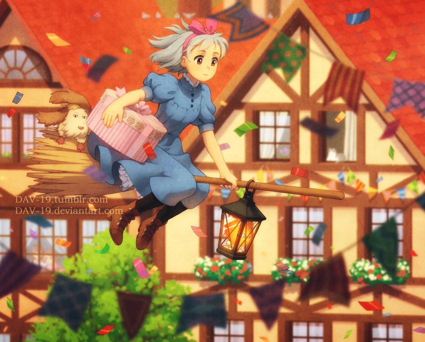 1girl banner black_legwear blue_dress box broom broom_riding brown_footwear buttons calcifer closed_mouth cosplay dav-19 dog dress fire flat_chest gift grey_hair hair_ribbon heen holding holding_box holding_gift house howl_no_ugoku_shiro kiki_(majo_no_takkyuubin) kiki_(majo_no_takkyuubin)_(cosplay) majo_no_takkyuubin orange_eyes outdoors pink_ribbon puffy_short_sleeves puffy_sleeves ribbon shoelaces shoes short_hair short_sleeves sitting smile socks sophie studio_ghibli tree watermark web_address window