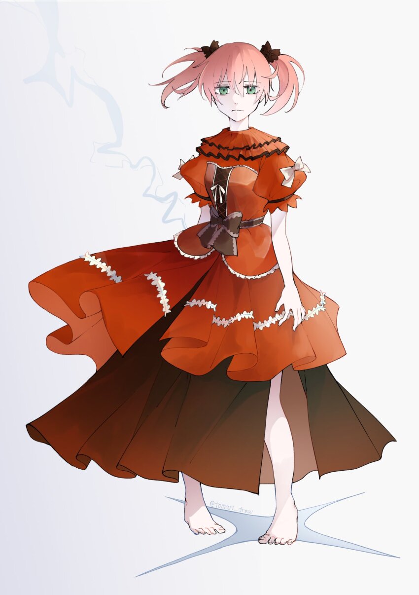 1girl alternate_hair_color alternate_hairstyle barefoot bow brown_bow closed_mouth collar dress dress_bow evillious_nendaiki expressionless frilled_collar frilled_dress frills green_eyes hatsune_miku highres lightning looking_at_viewer madam_merry-go-round_(vocaloid) orange_dress pale_skin pigeon-toed pink_hair puffy_short_sleeves puffy_sleeves short_sleeves short_twintails solo tomari_drew twintails vocaloid waist_bow white_bow