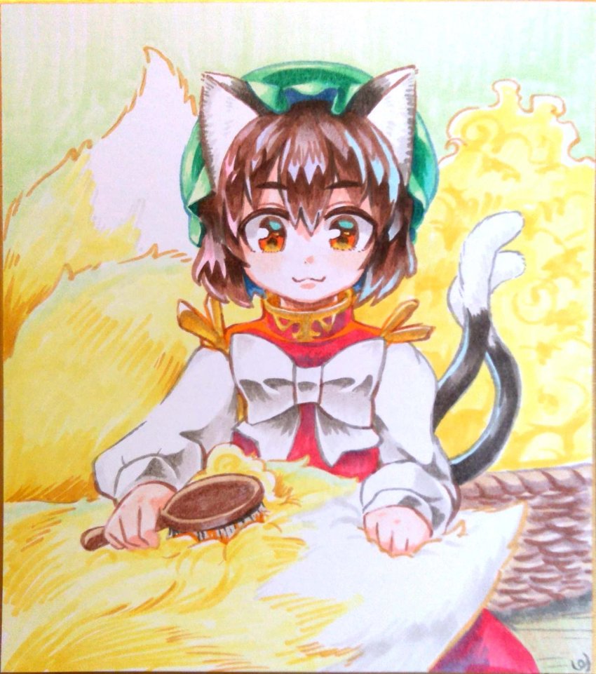 2girls :3 animal_ears bow bowtie brown_eyes brown_hair cat_ears cat_tail chen dress fox_tail gold_trim hat highres mob_cap multiple_girls multiple_tails nekomata pmx red_dress short_hair solo_focus tail brushing_tail touhou traditional_media two_tails white_neckwear yakumo_ran
