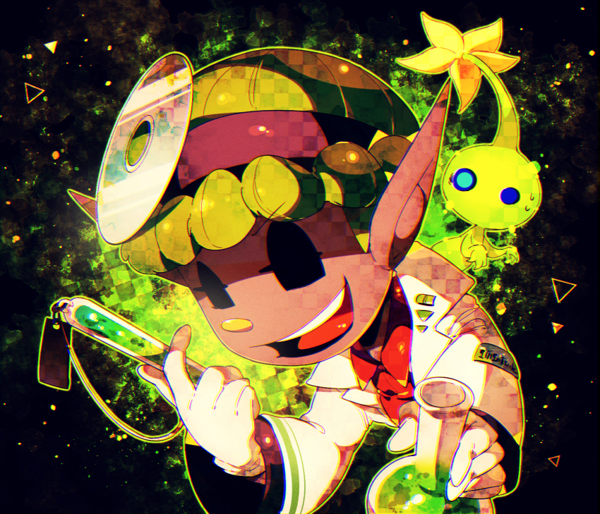 1boy alternate_costume asymmetrical_eyes backlighting black_background black_eyes black_headband blue_eyes collared_shirt commentary_request cropped_torso dark-skinned_male dark_skin flower gloves glow_pikmin green_hair green_outline head_mirror headband highres holding_beaker lab_coat lapel_pin lapels laughing light_particles long_sleeves male_focus name_tag nintendo notched_lapels open_mouth outline pikmin_(creature) pikmin_(series) potion red_shirt shirt shirushiki short_hair smile solid_circle_eyes solid_eyes sweatdrop teeth triangle upper_teeth_only white_gloves yellow_flower yonny_(pikmin)