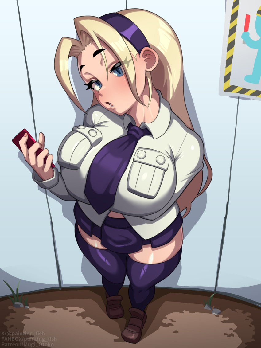 1girl absurdres alternate_hair_color arm_under_breasts black_necktie black_skirt black_thighhighs blonde_hair blue_eyes blush breasts cellphone collared_shirt commentary_request filia_(skullgirls) full_body highres holding holding_phone large_breasts long_hair long_sleeves looking_at_viewer mugiotoko necktie open_mouth phone shirt sidelocks skirt skullgirls smartphone solo standing thighhighs thighs white_shirt