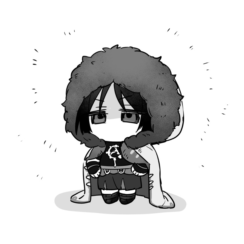 1boy armor arms_at_sides belt blunt_ends bridal_gauntlets buku2_suisou chibi coat fur-trimmed_hood fur_trim genshin_impact hands_on_own_hips highres hood hood_up japanese_armor kote male_focus mitsudomoe_(shape) monochrome no_mouth parted_bangs sash scaramouche_(genshin_impact) shirt shorts socks solo standing tomoe_(symbol)