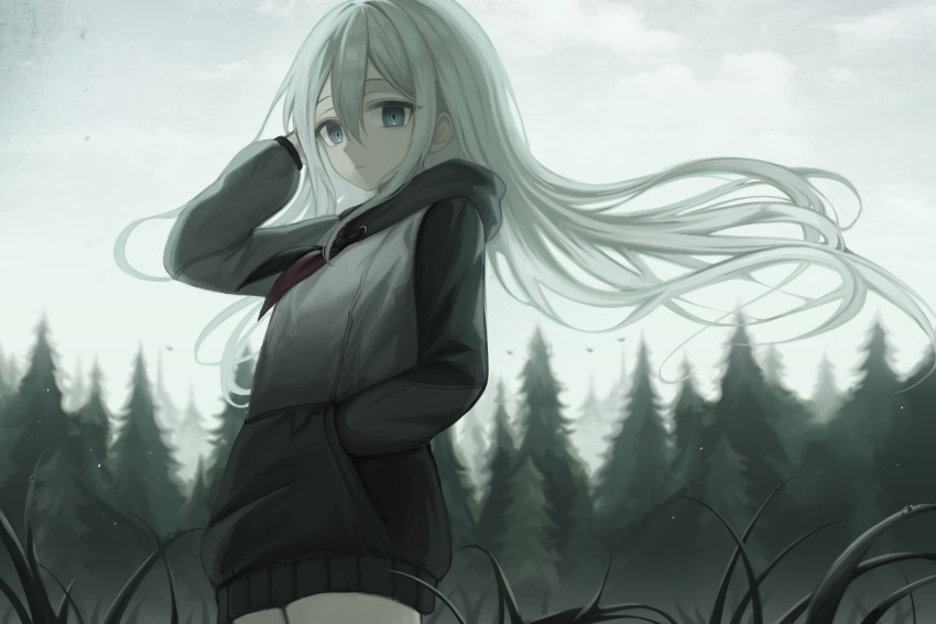 1girl absurdres blue_eyes closed_mouth cloud cloudy_sky cowboy_shot day floating_hair forest grass grey_hair grey_hoodie grey_sky hair_between_eyes hand_in_own_hair hand_in_pocket highres hood hood_down hoodie kkamkkam light_frown long_hair long_sleeves looking_at_viewer nature outdoors pine_tree project_sekai sky solo standing tree very_long_hair wind yoisaki_kanade