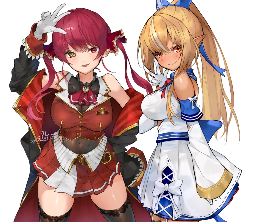 2girls ascot black_choker black_coat black_thighhighs breasts choker closed_mouth coat cropped_jacket dark-skinned_female dark_elf dark_skin dress elf frilled_choker frills gloves hair_ribbon heterochromia highres hololive houshou_marine houshou_marine_(1st_costume) jacket large_breasts leotard leotard_under_clothes long_hair looking_at_viewer multicolored_hair multiple_girls orange_eyes pointy_ears ponytail red_ascot red_coat red_eyes red_hair red_jacket red_ribbon red_skirt ribbon shiranui_flare shiranui_flare_(1st_costume) skirt sleeveless sleeveless_jacket smile streaked_hair thighhighs tongue tongue_out twintails two-sided_coat two-sided_fabric virtual_youtuber white_dress white_gloves white_hair yae_chitokiya yellow_eyes